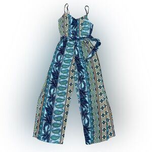 Monteau Teal and Navy Patterned Jumpsuit